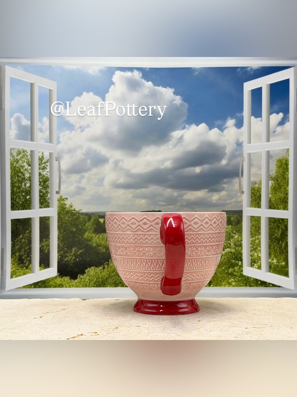 Pink Ceramic Latte Mug Potter's Studio Fair Isle Pattern Large Coffee Cup 14 oz - Picture 7 of 11